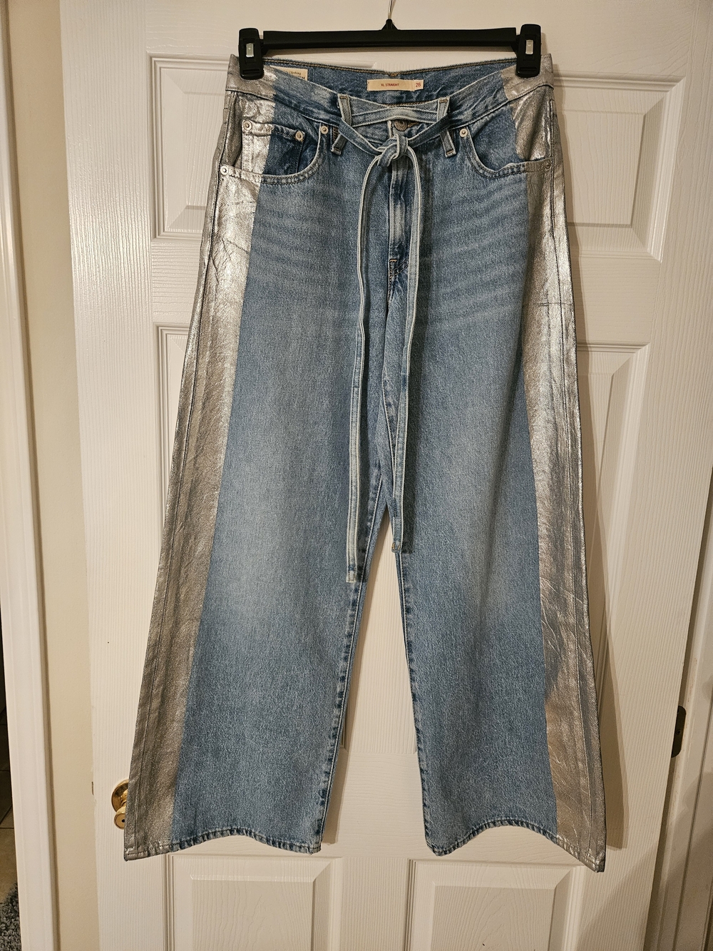 CUSTOM Upcycled Levi's Hand Painted Metallic Silver High Straight Jeans 26